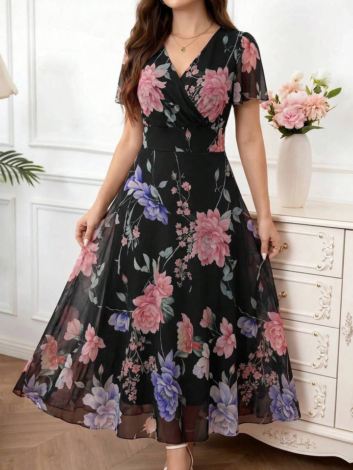 Amorya | V-Neck Flared Midi Dress